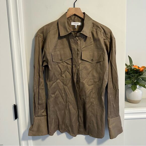 FRAME Khaki Green Lyocell Linen Button Front Blouse Medium - Picture 7 of 10
